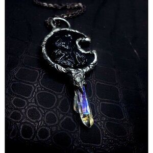 Obsidian Crystal Moon and angel aura quartz crystal statement necklace